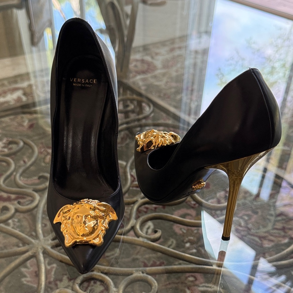 Versace 100% Authentic Black Pumps with Gold Medusa Accent